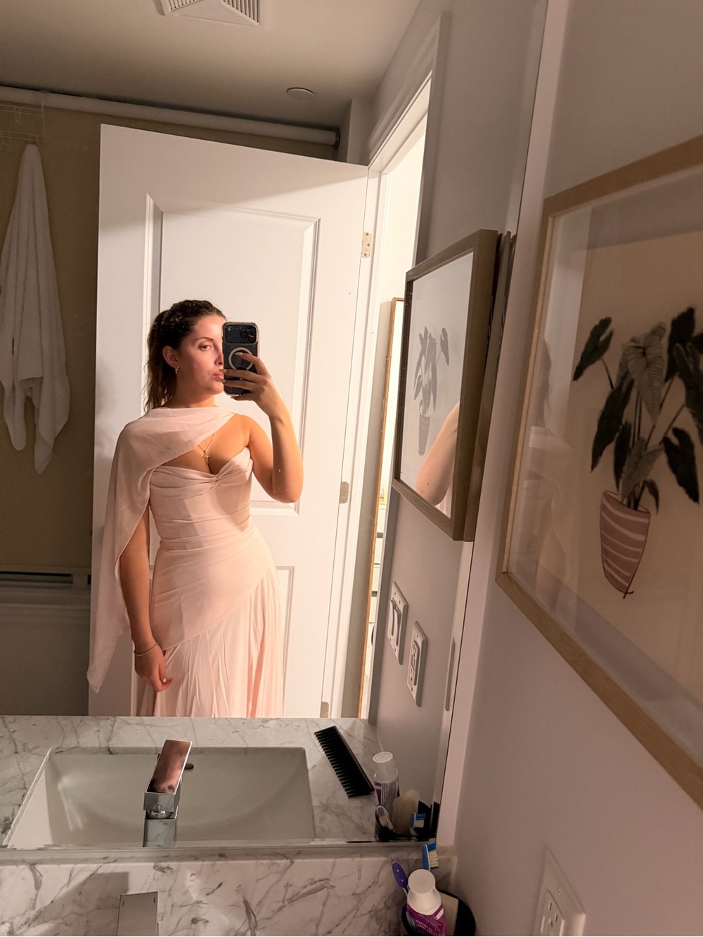 One-Shoulder Blush Pink Draped Evening Gown
